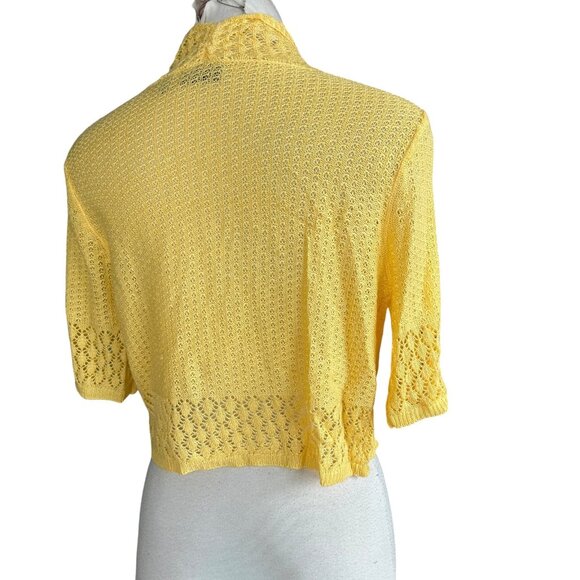 Nina Leonard Bright Yellow Lace Mesh Trim Open Drape Cardigan Sweater Size M - Picture 2 of 7
